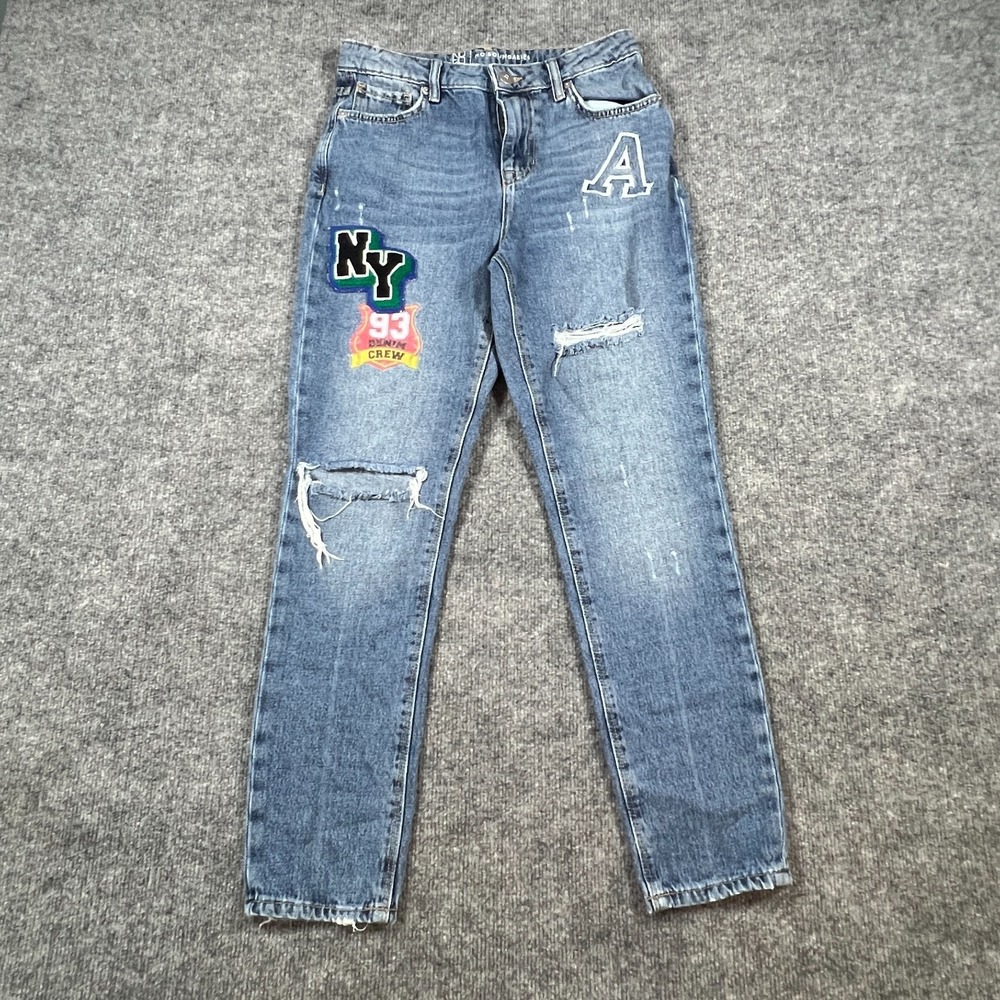 No Boundaries Patchwork Mom Jeans Women 5 Blue Denim Mid Rise Distressed Tapered